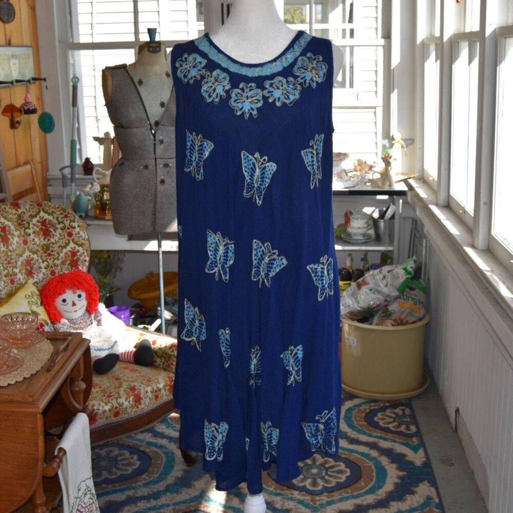 Vintage 90s Butterfly Viscose Dress Blue Boho India Free Size